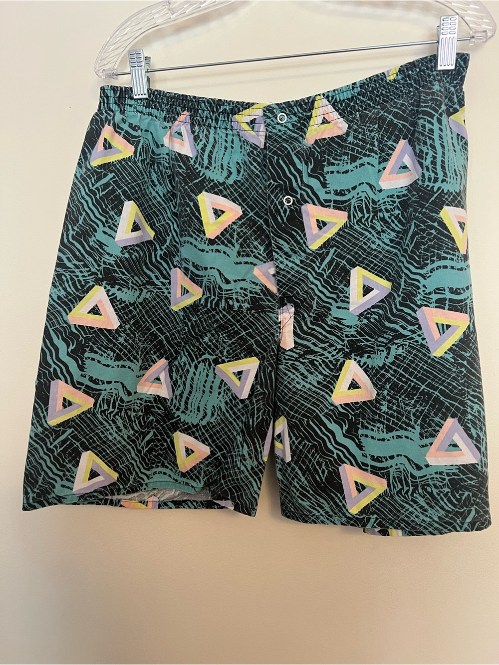Vintage Men's Black & Teal Geometric Print Swim Shorts